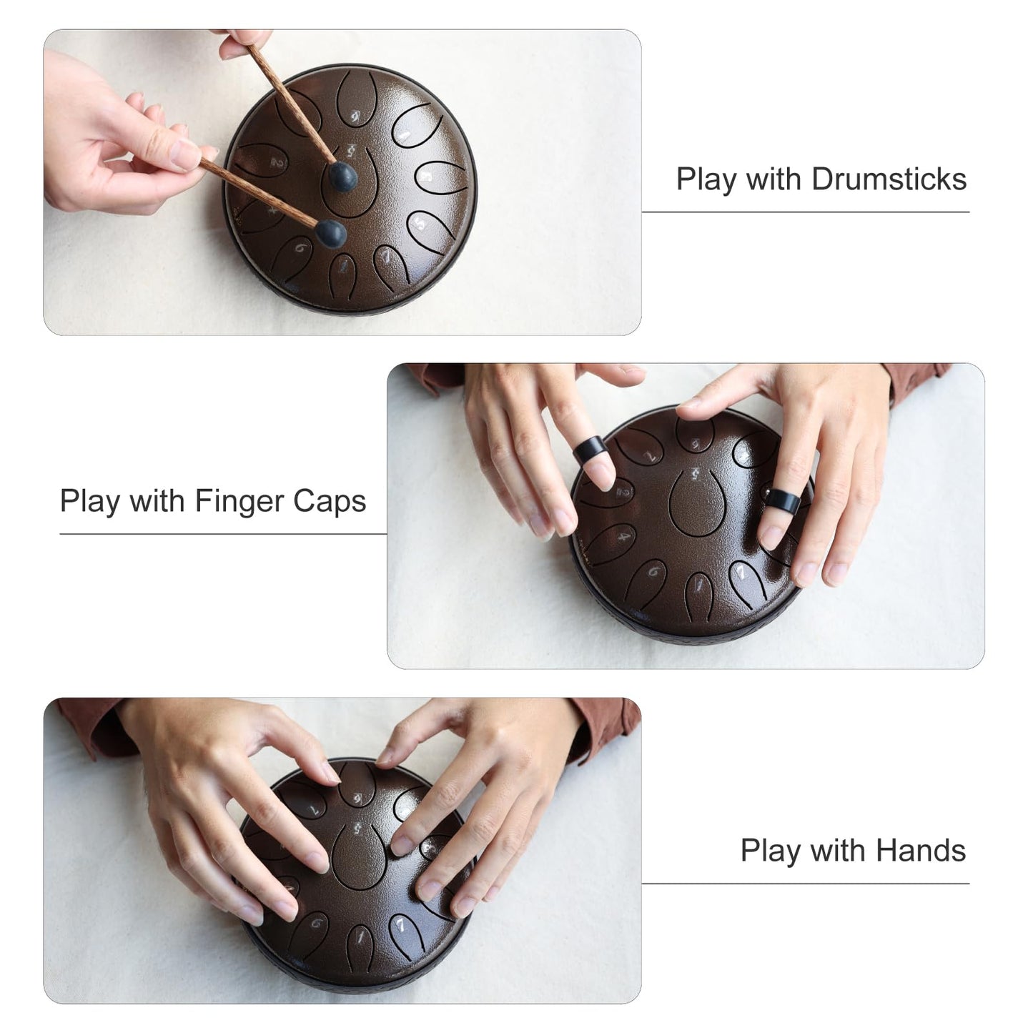 Steel Tongue Drum 6 Inch 11 Notes D Major – Rain Drum Style Calming Sound Healing Instrument for Meditation, Relaxation & Yoga – Easy for Beginners with Full Accessories Gift Set(Chocolate Brown)