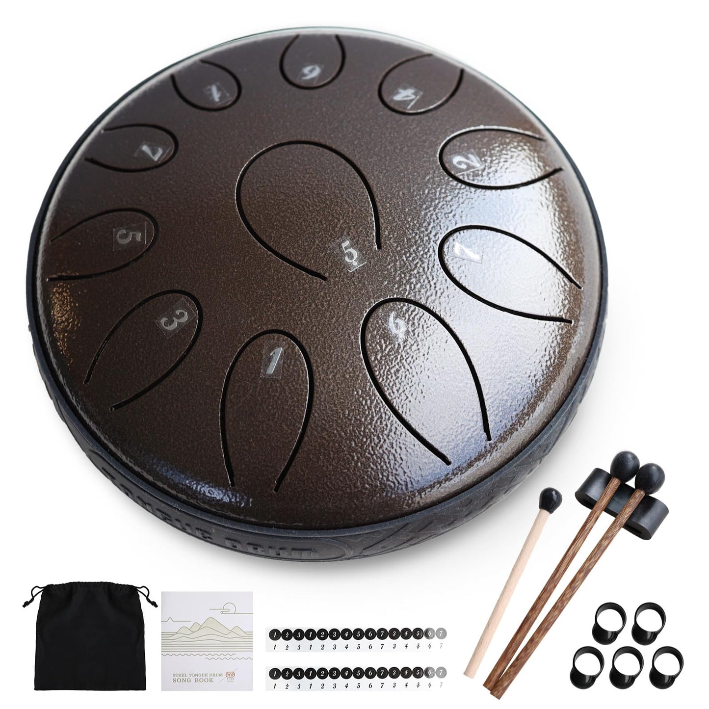 Steel Tongue Drum 6 Inch 11 Notes D Major – Rain Drum Style Calming Sound Healing Instrument for Meditation, Relaxation & Yoga – Easy for Beginners with Full Accessories Gift Set(Chocolate Brown)