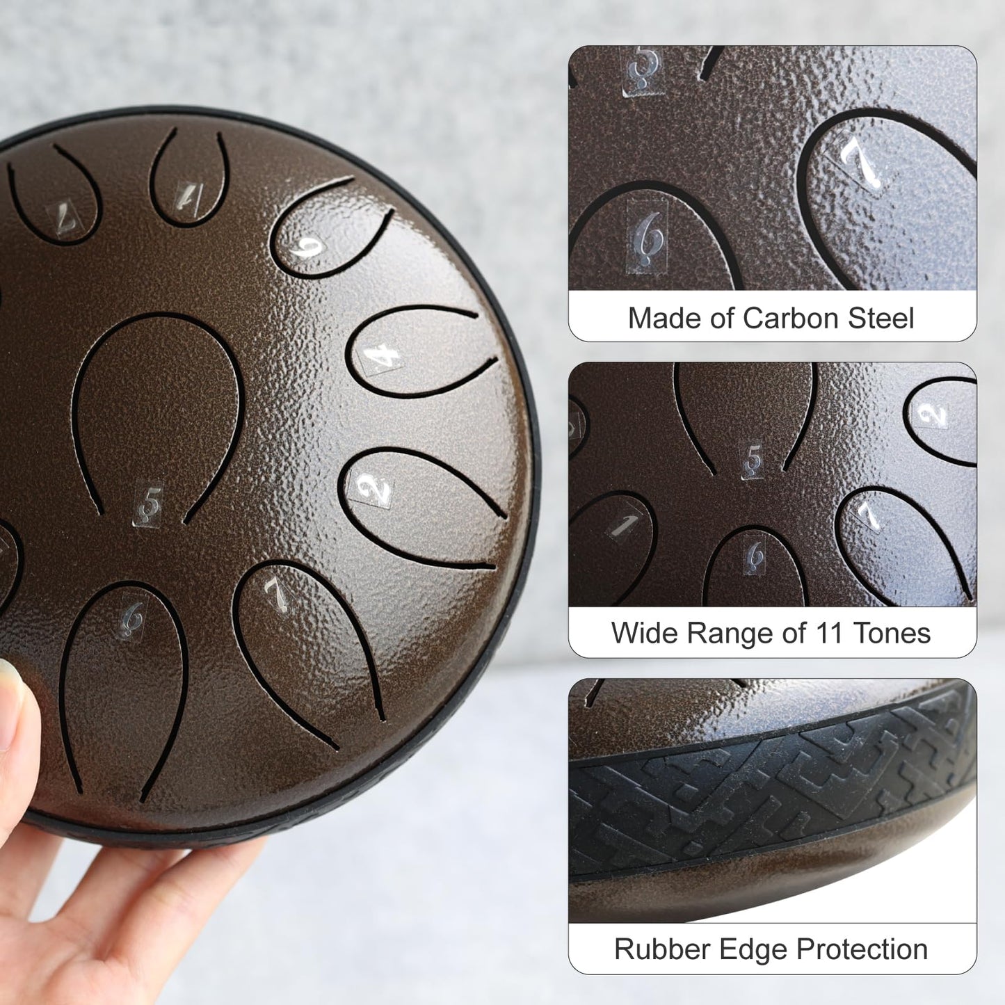 Steel Tongue Drum 6 Inch 11 Notes D Major – Rain Drum Style Calming Sound Healing Instrument for Meditation, Relaxation & Yoga – Easy for Beginners with Full Accessories Gift Set(Chocolate Brown)